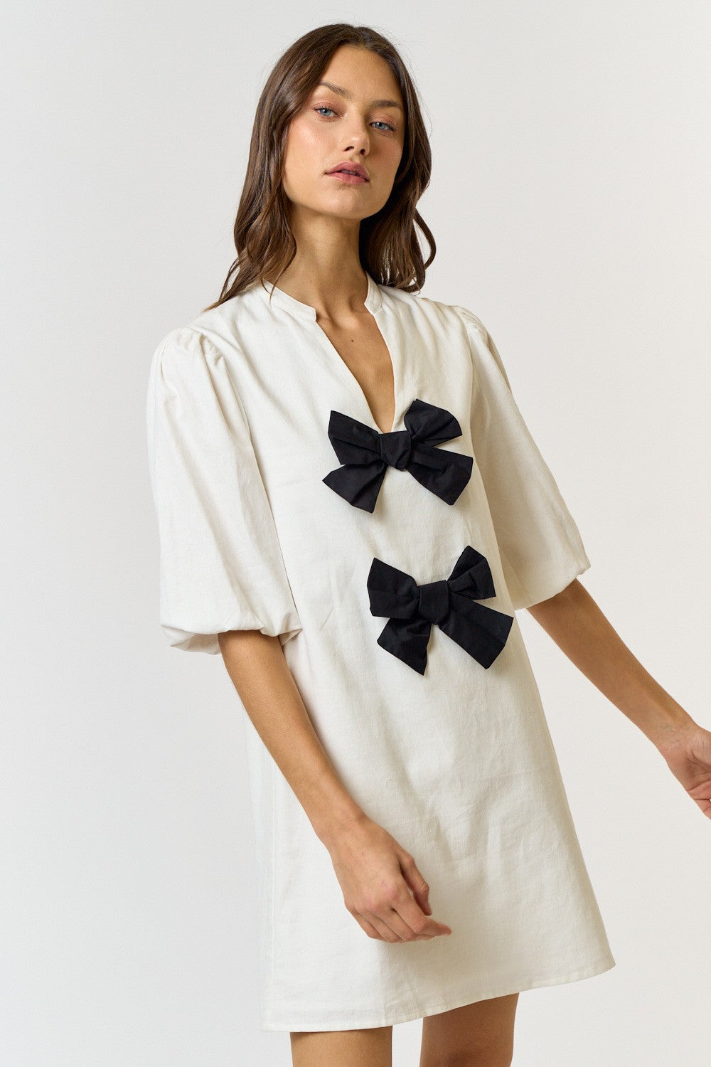 LINEN FRONT BOW DETAIL PUFF SLEEVE MINI DRESS