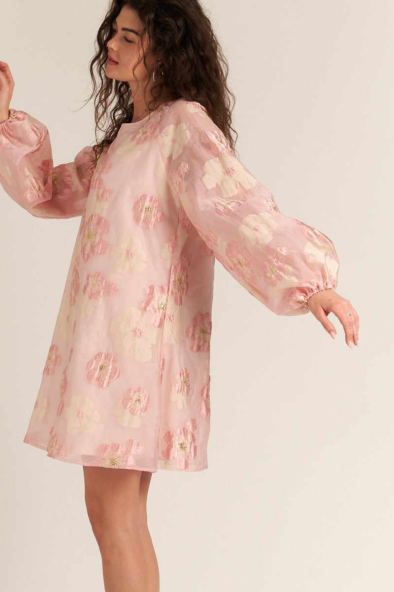 Bubble Sleeve Floral Organza Mini Dress
