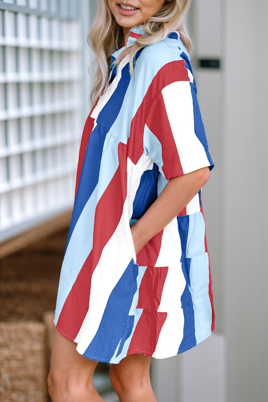 Red, White and Blue Colorblock Shirt Dress
