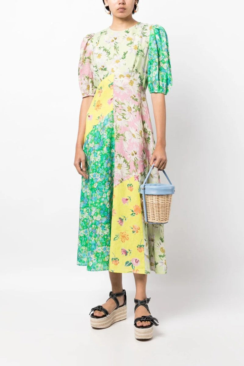 Patchwork Pleated Midi Dress