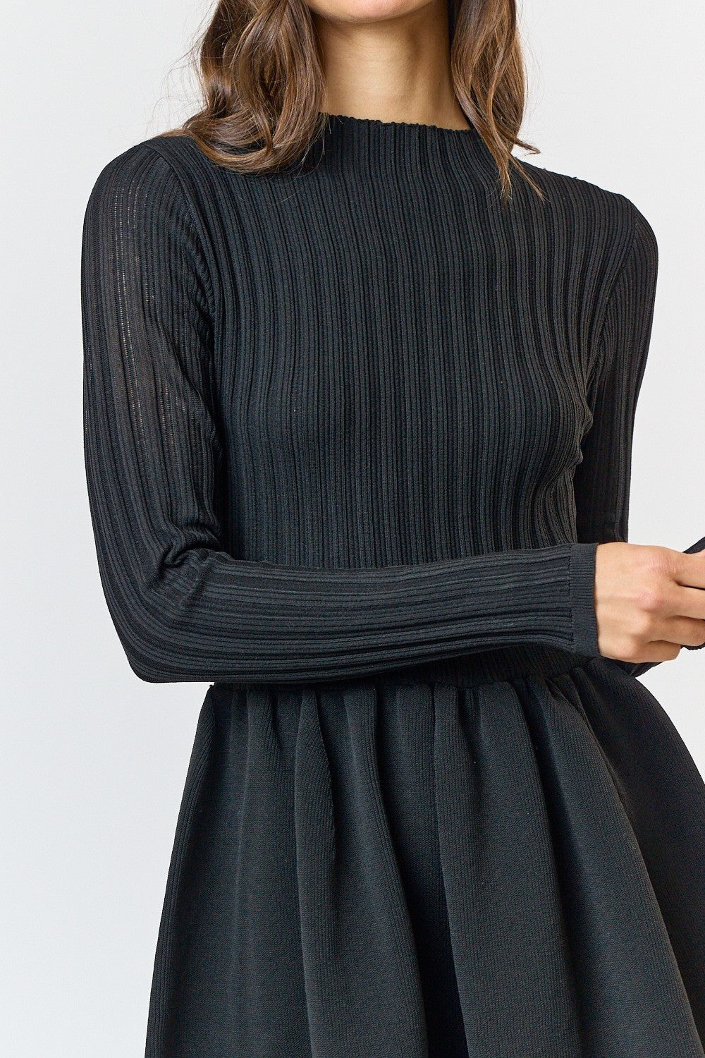 RIBBED SWEATER MIX FLARED MINI DRESS