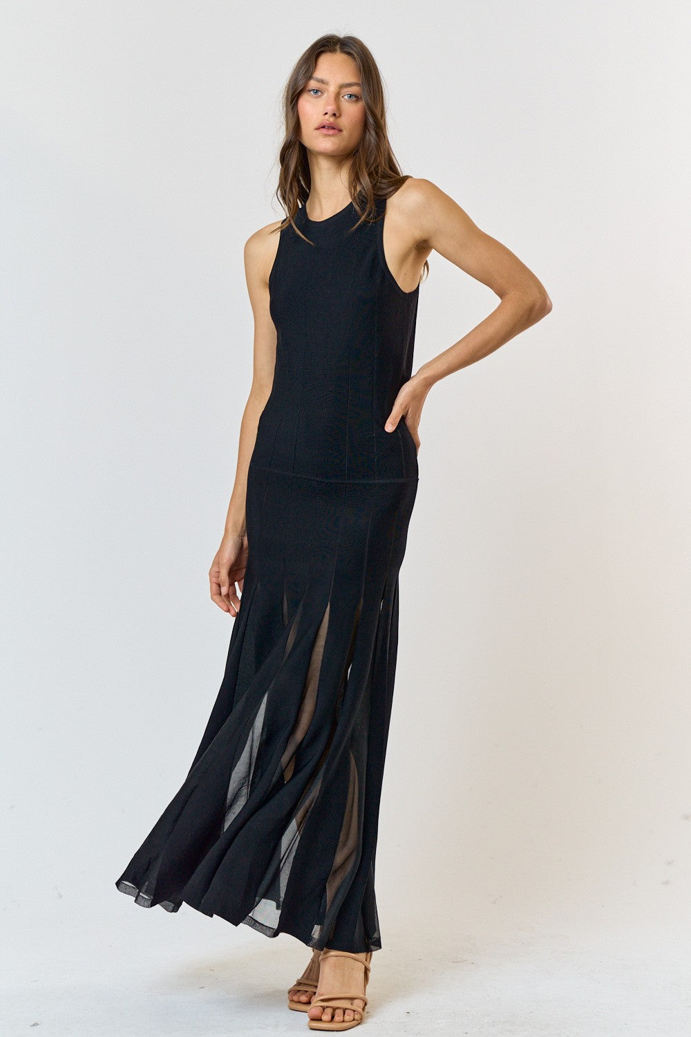 SHEER STRIPE PLEATED SKIRT SWEATER MAXI DRESS