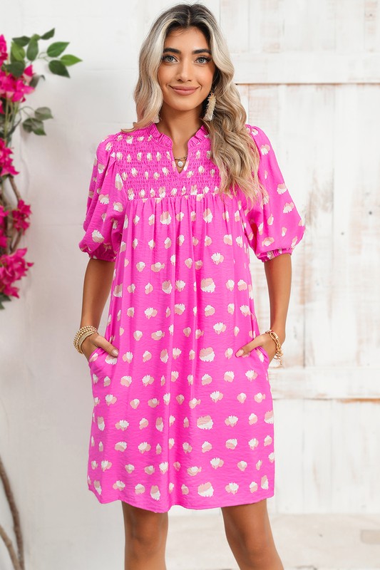 Pink Spotted Dress with Smocked Yoke