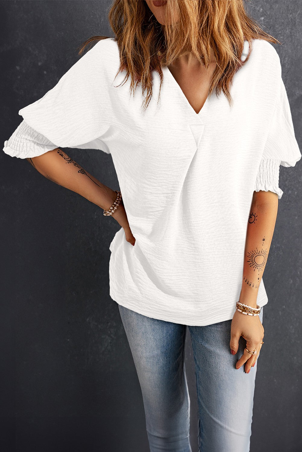 Boxy Collared Smocked Sleeve Cuffs Blouse