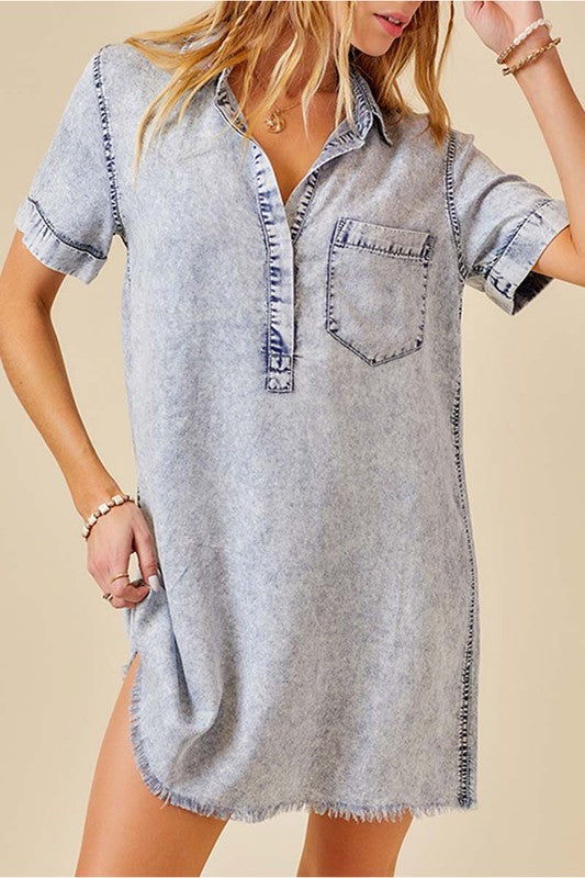 Acid Wash Denim Popover Dress