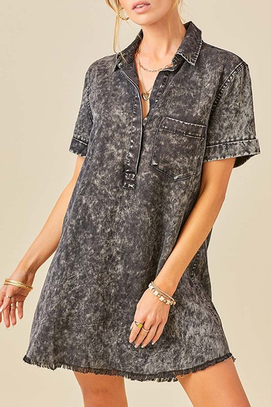 Acid Wash Denim Popover Dress