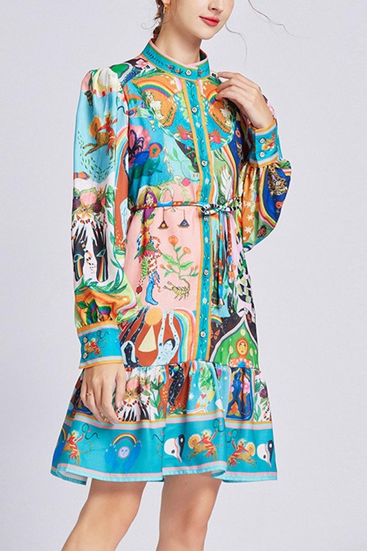 Turquoise Graphic Print Longsleeve Dress