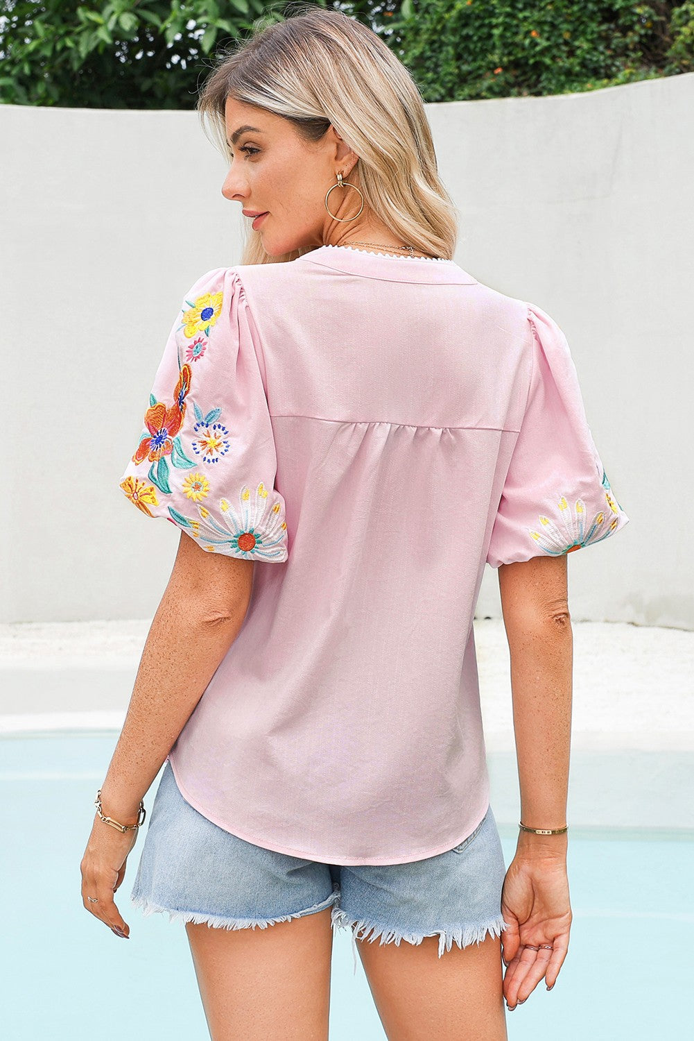Floral Embroidered Puff Sleeve Split Neck Blouse