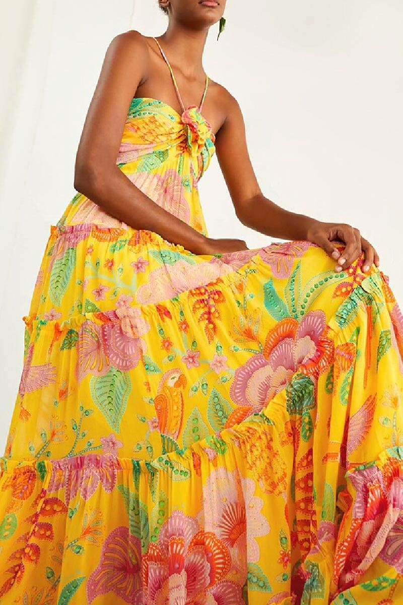 Bright Yellow Floral Print Halter Neck Maxi Dress