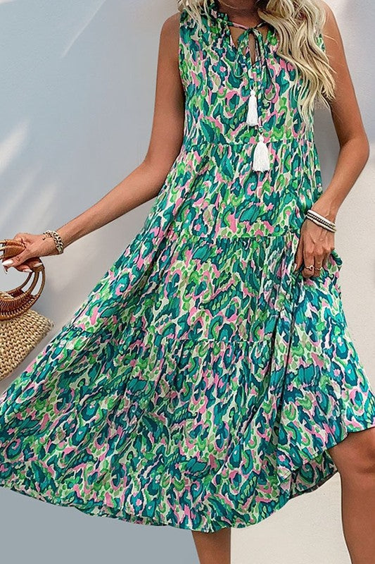 Green Boho Dress with Tassel Tie