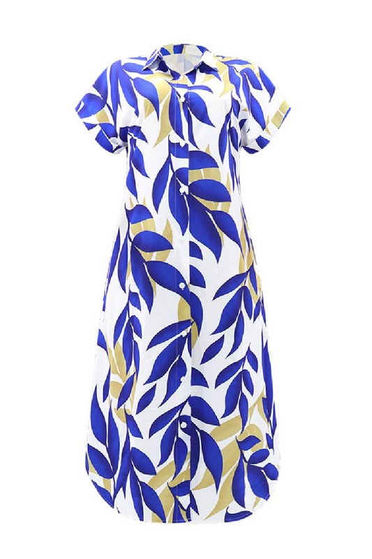 Blue Leaf Print Button Down Midi