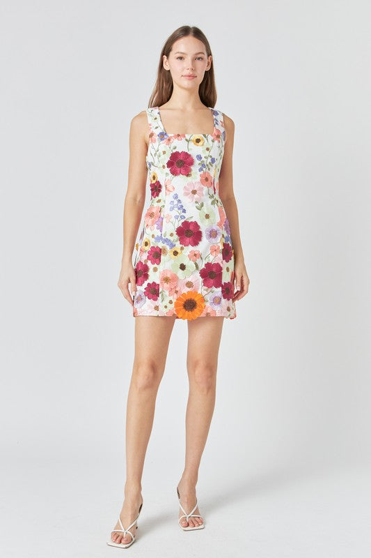 3D Floral Square Neck Dress