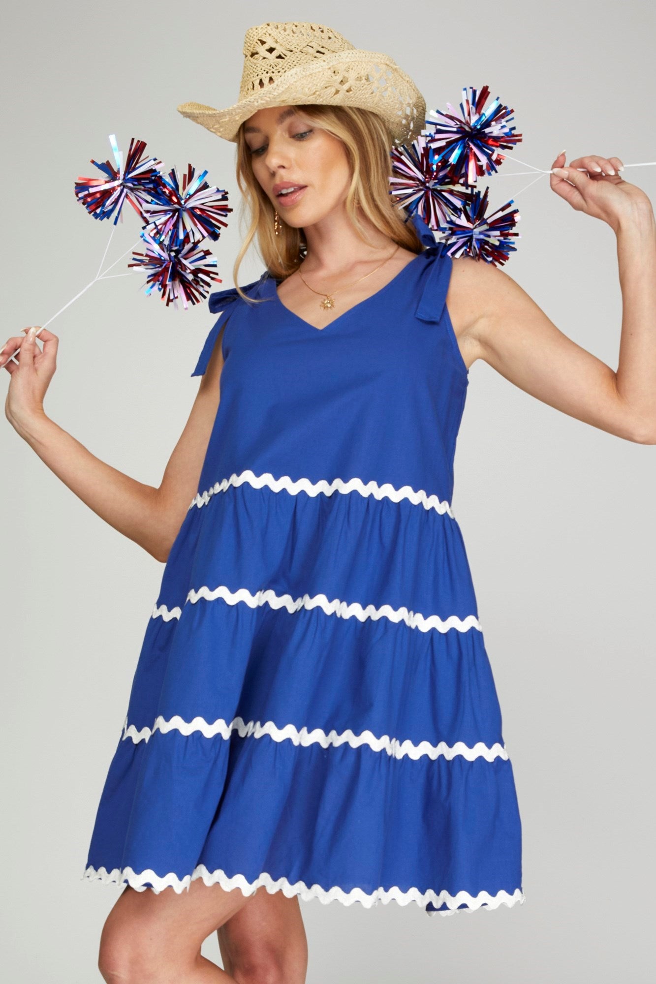 Blue Ric Rac Dress with Shoulder Ties