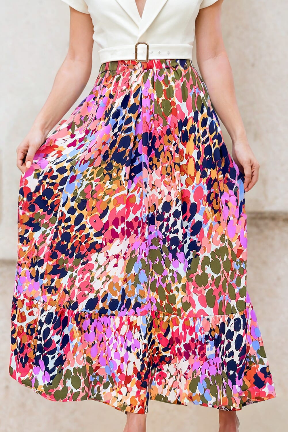 Abstract Floral Ruffled High Waist Maxi Skirt Shewin