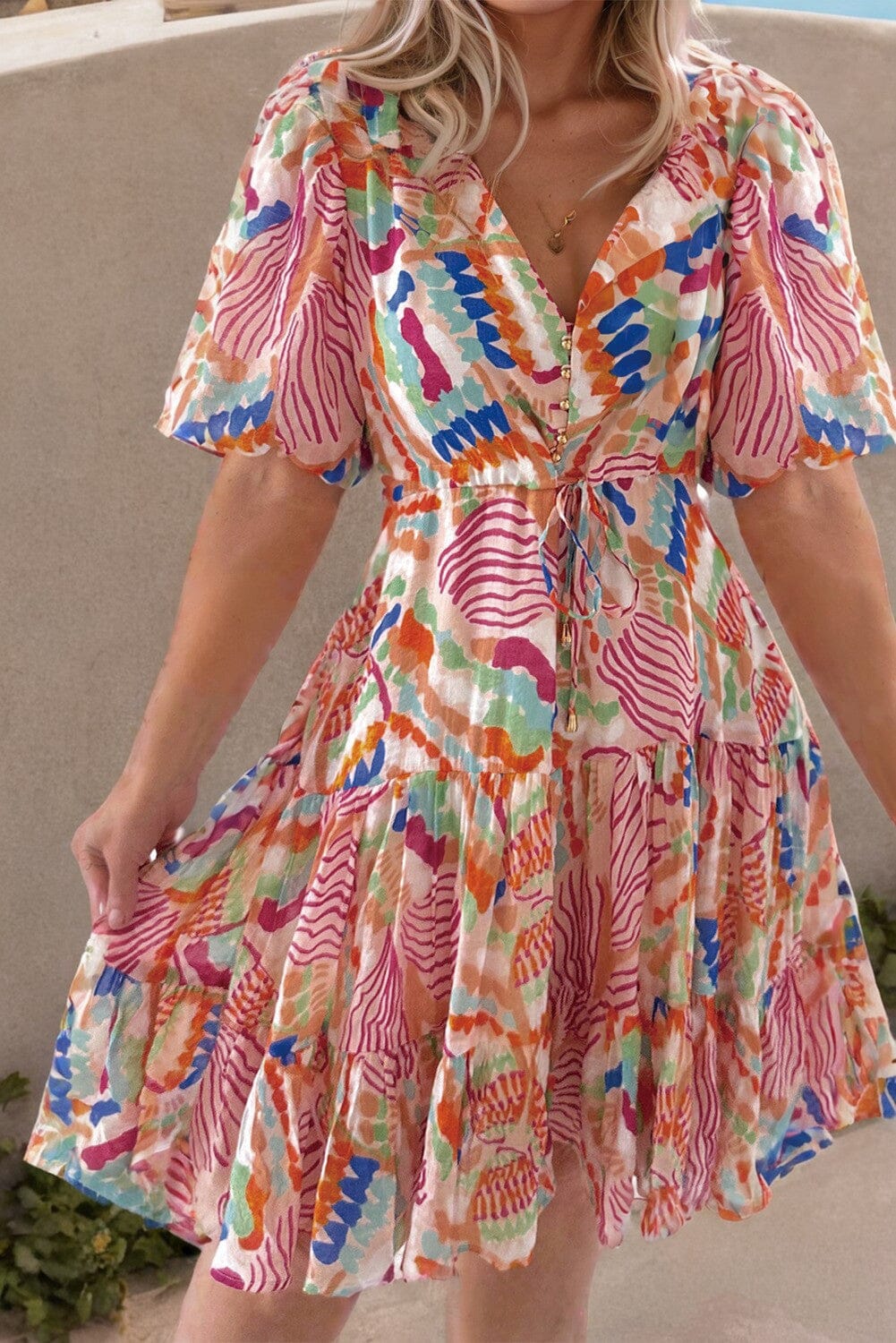 Abstract Print Bubble Sleeve Tiered Flowy Dress SNAP-Something New And Pretty
