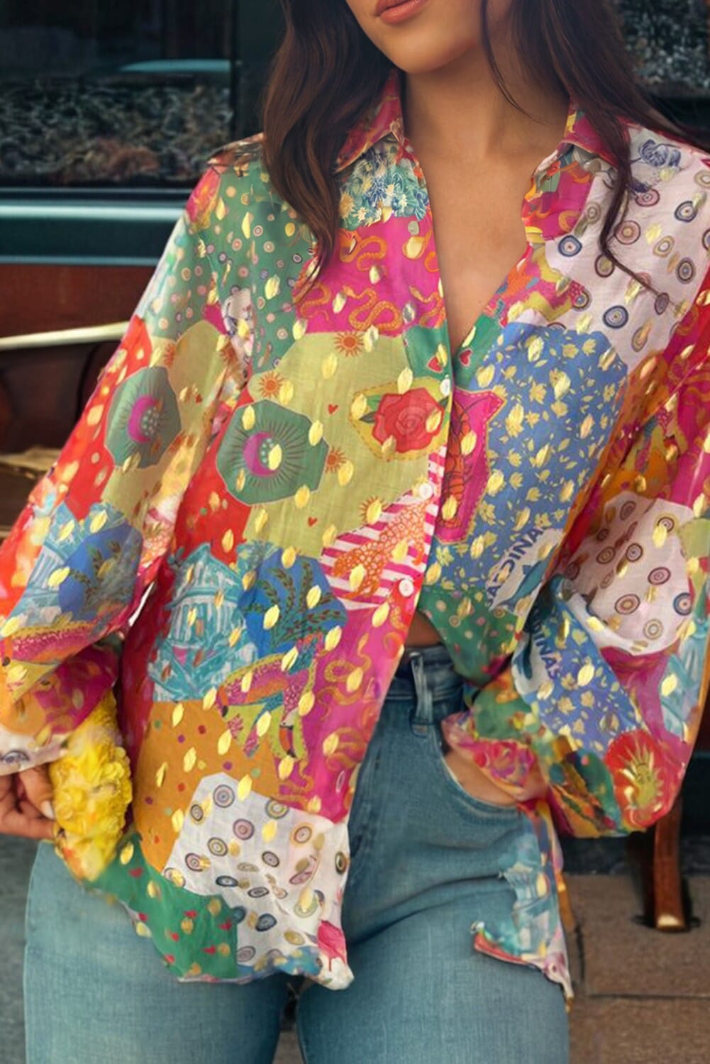 Abstract Print Colorblock Long Sleeve Shirt Kentce