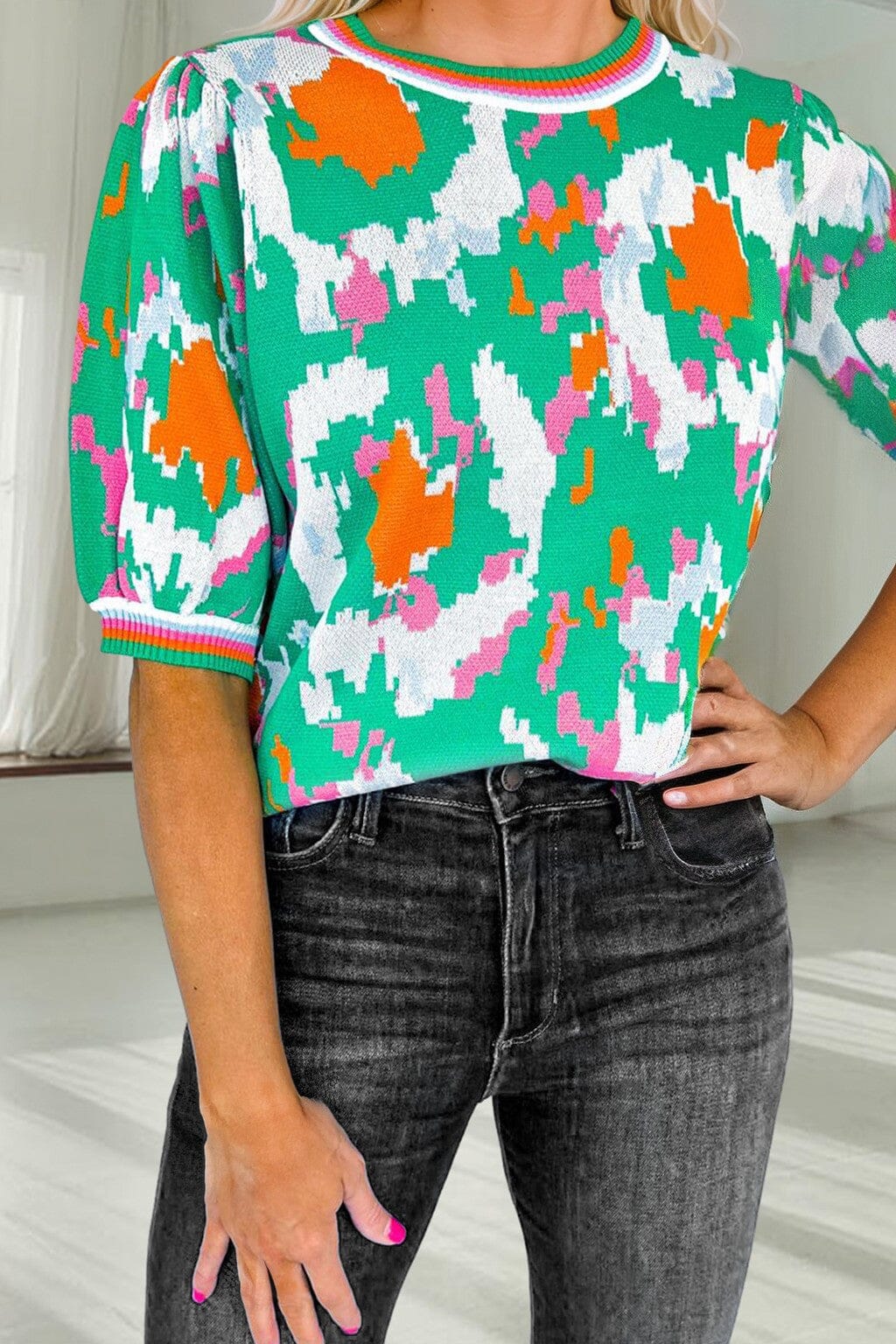 Abstract Print Puff Sleeve Top Shiying
