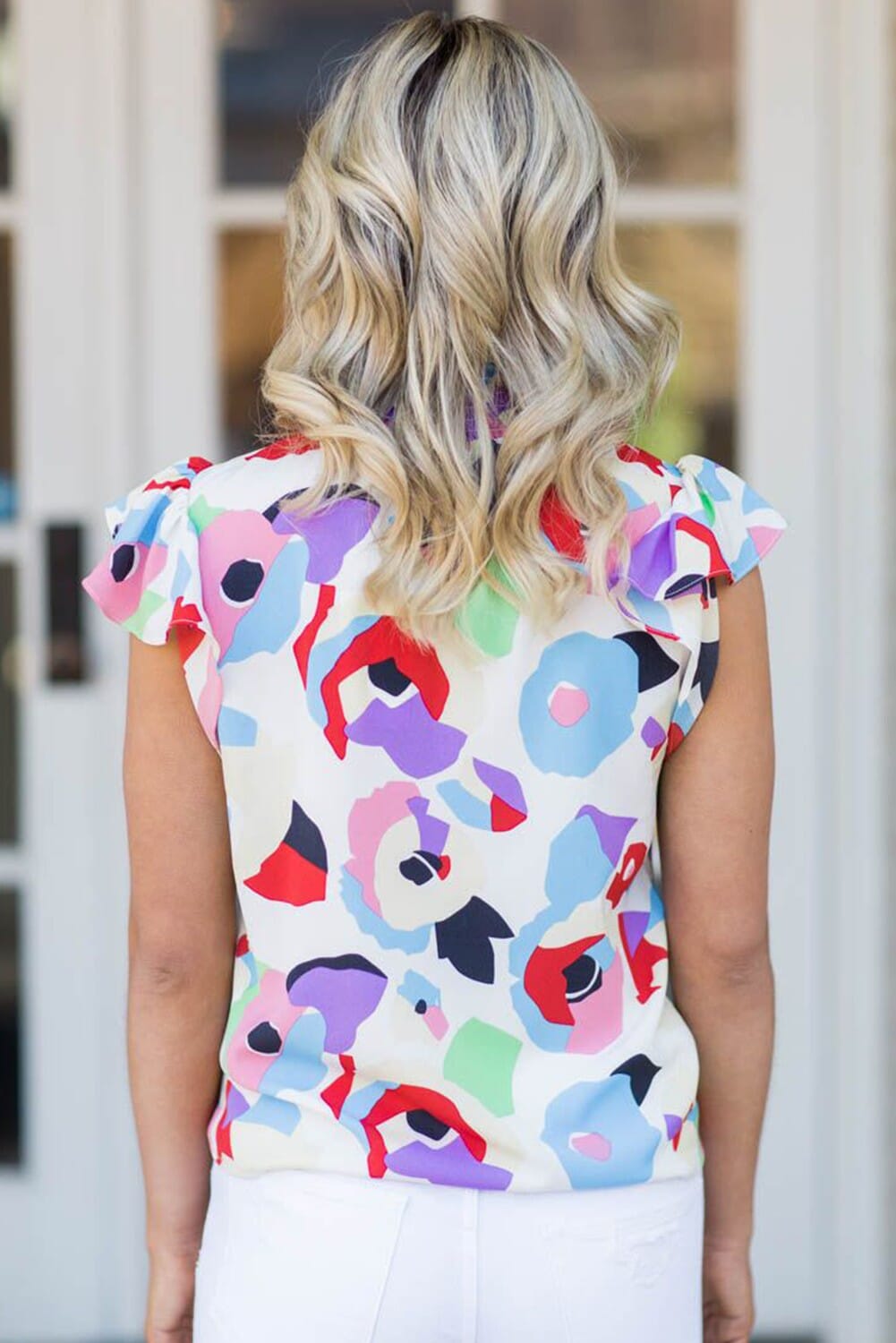 Abstract Print Ruffle Sleeve Smocked Blouse Youmi
