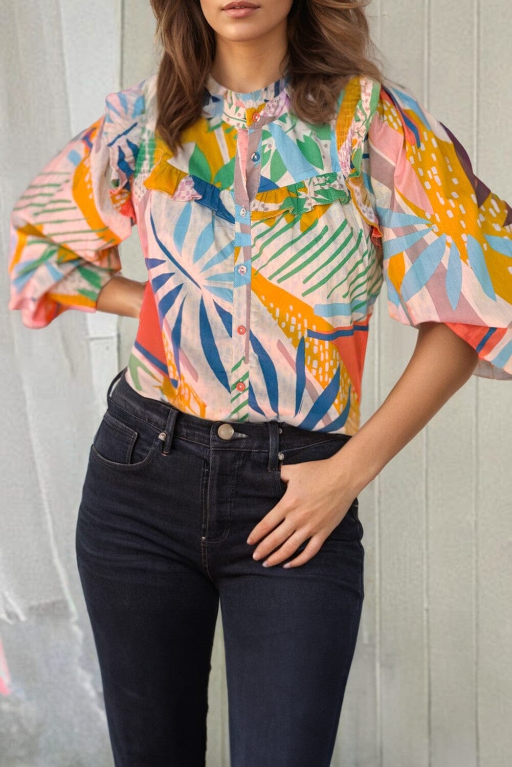 Abstract Print Smocked Ruffled Lantern Sleee Shirt Shiying