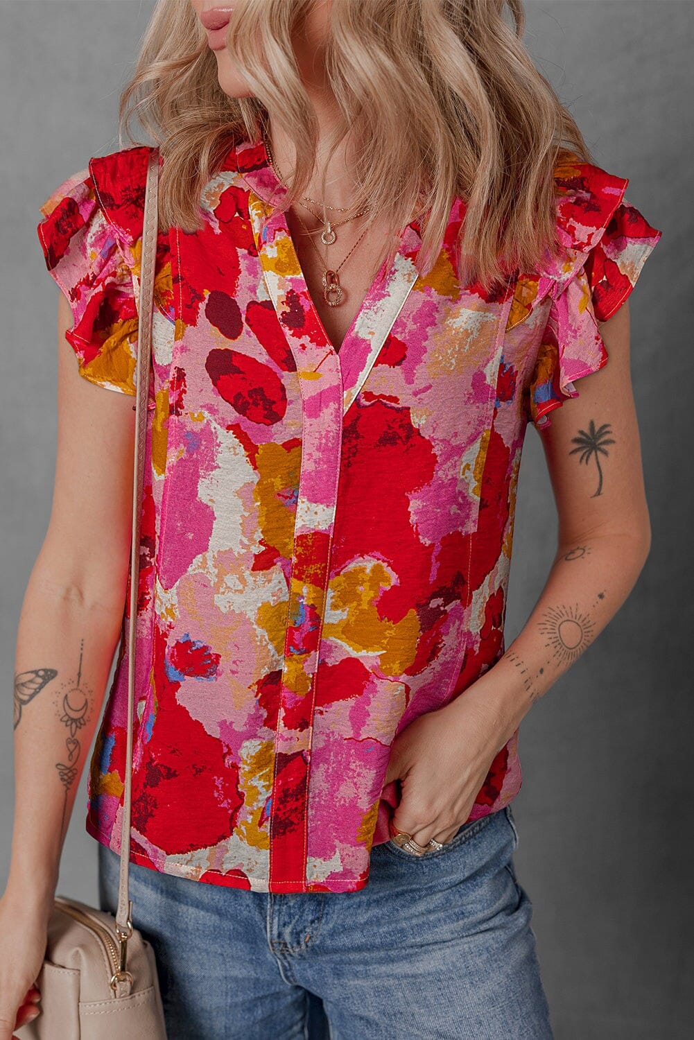 Abstract V-Neck Short Sleeve Blouse juniper blvd
