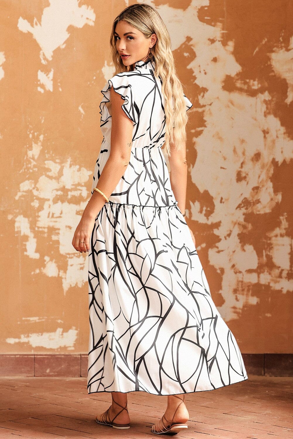 Abstract Vein Print V Neck Ruffle Maxi Dress Kentce