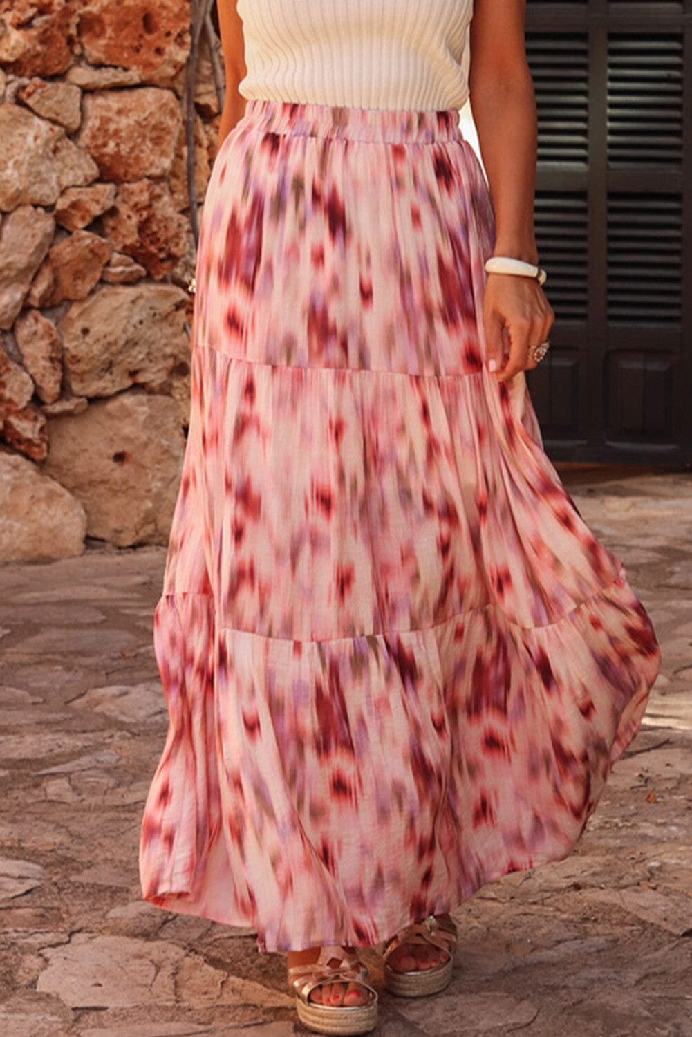 Abstract Watercolor Tie Dye Tiered Maxi Skirt shewin