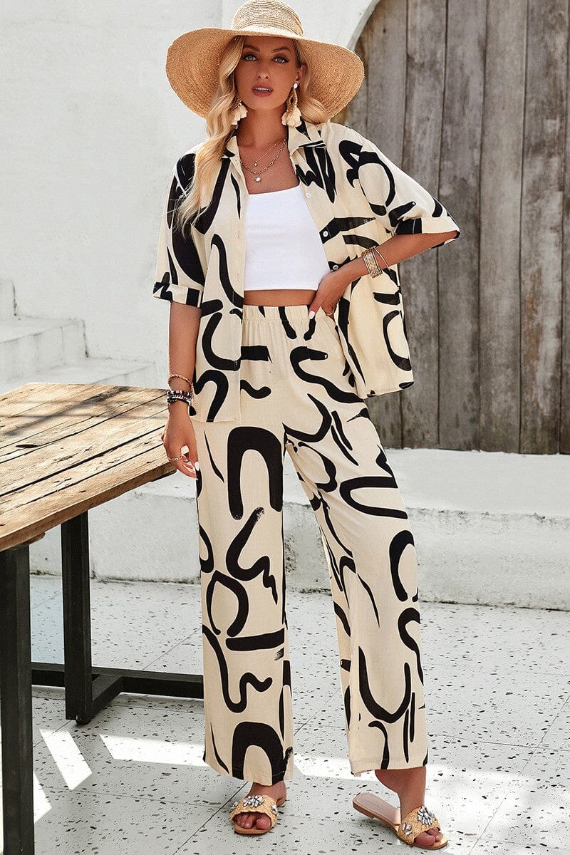 Allover Print Elastic Button Blouse Sets supreme fashion