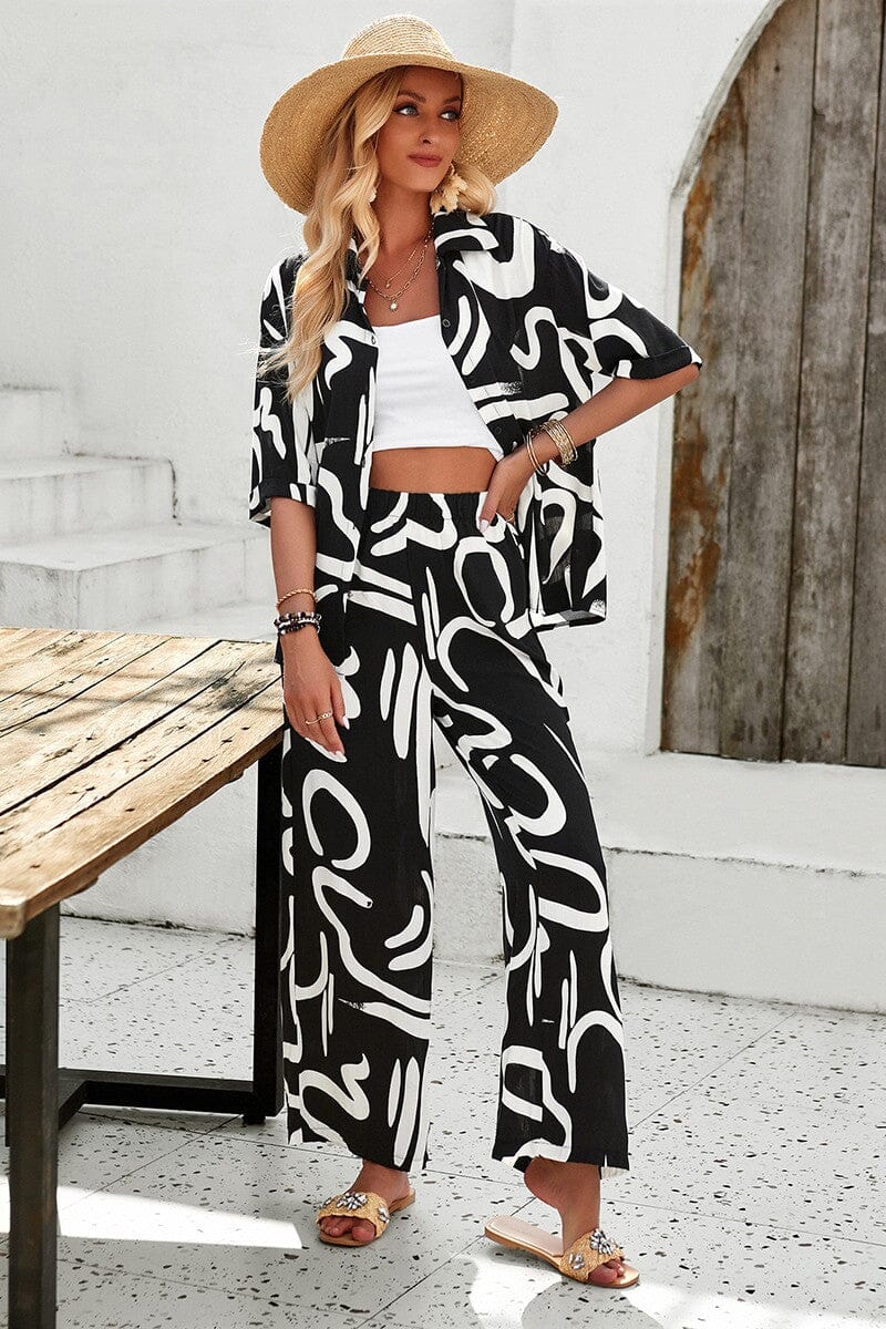 Allover Print Elastic Button Blouse Sets supreme fashion