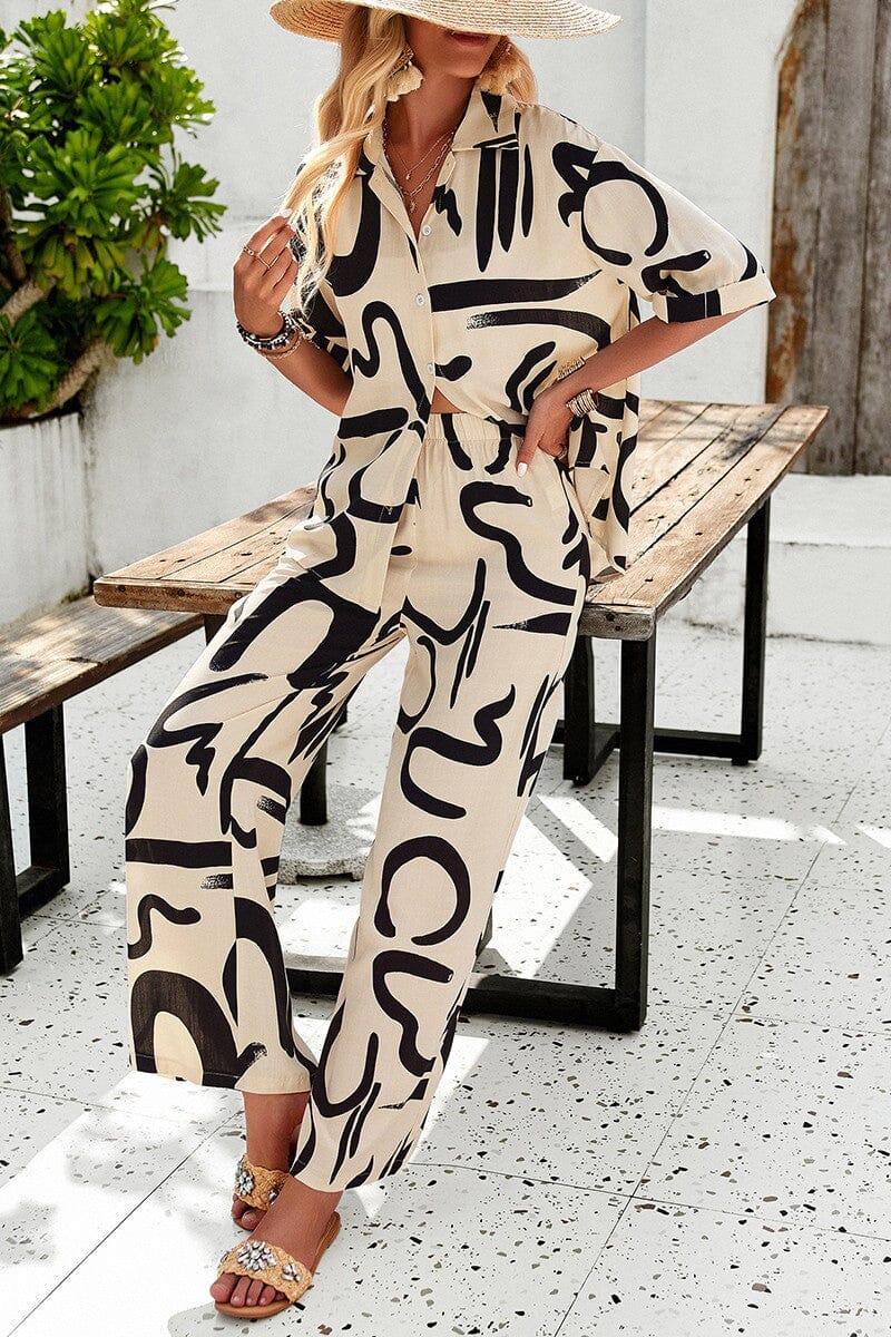 Allover Print Elastic Button Blouse Sets supreme fashion