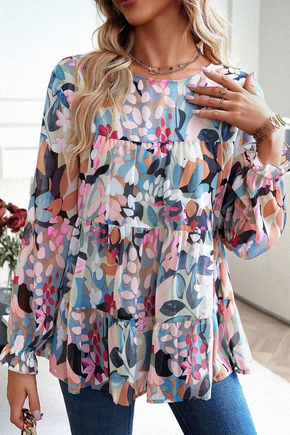 Allover Print Flare Sleeve Peplum Blouse Kentce