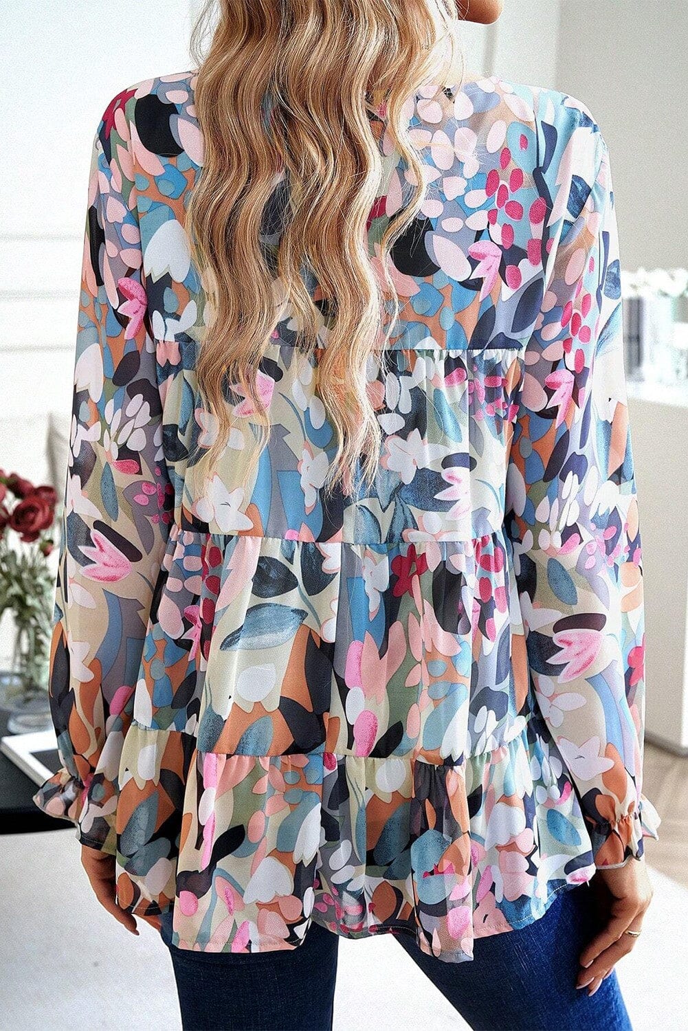Allover Print Flare Sleeve Peplum Blouse Kentce