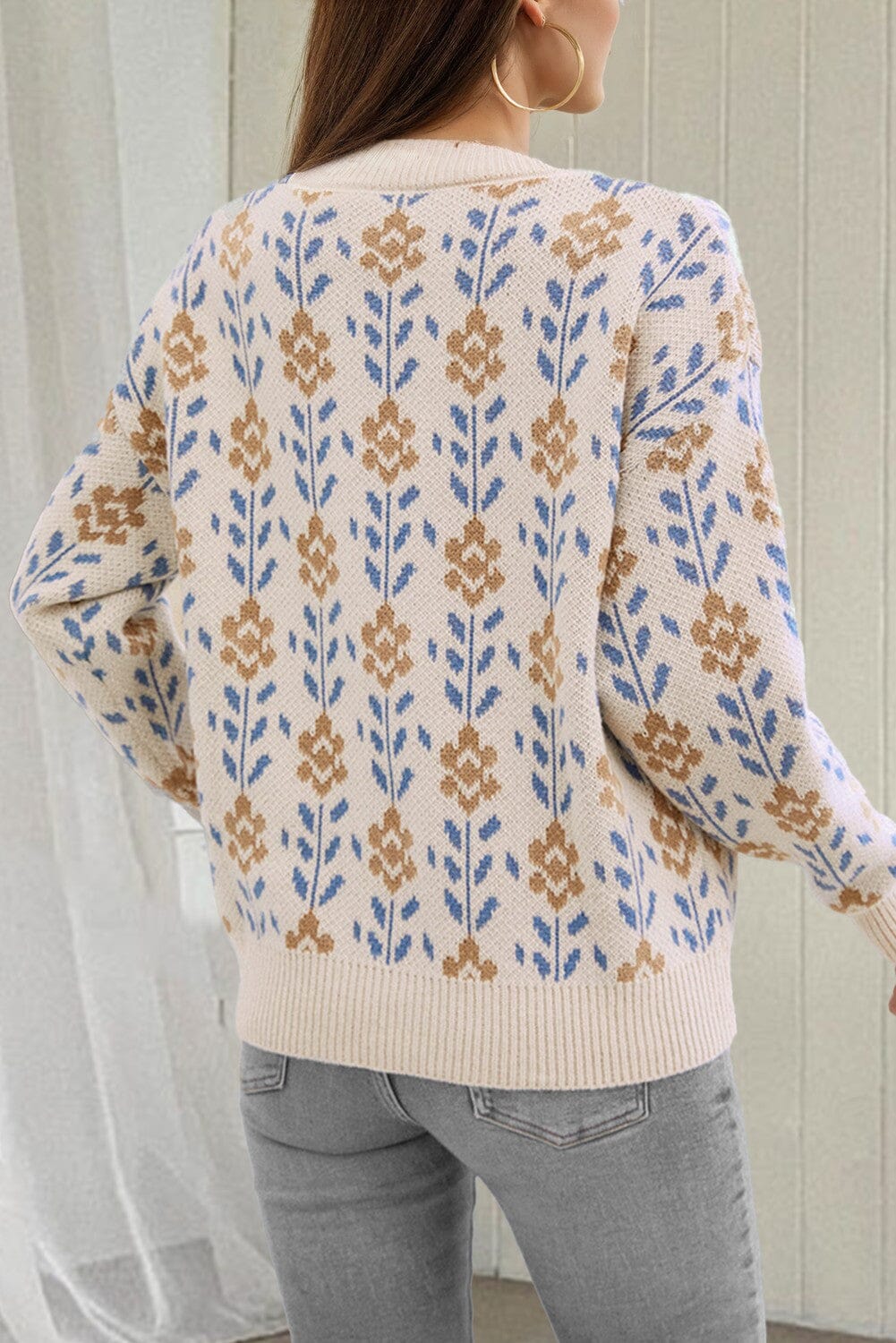 Apricot Floral Pattern Crew Neck Sweater shiying