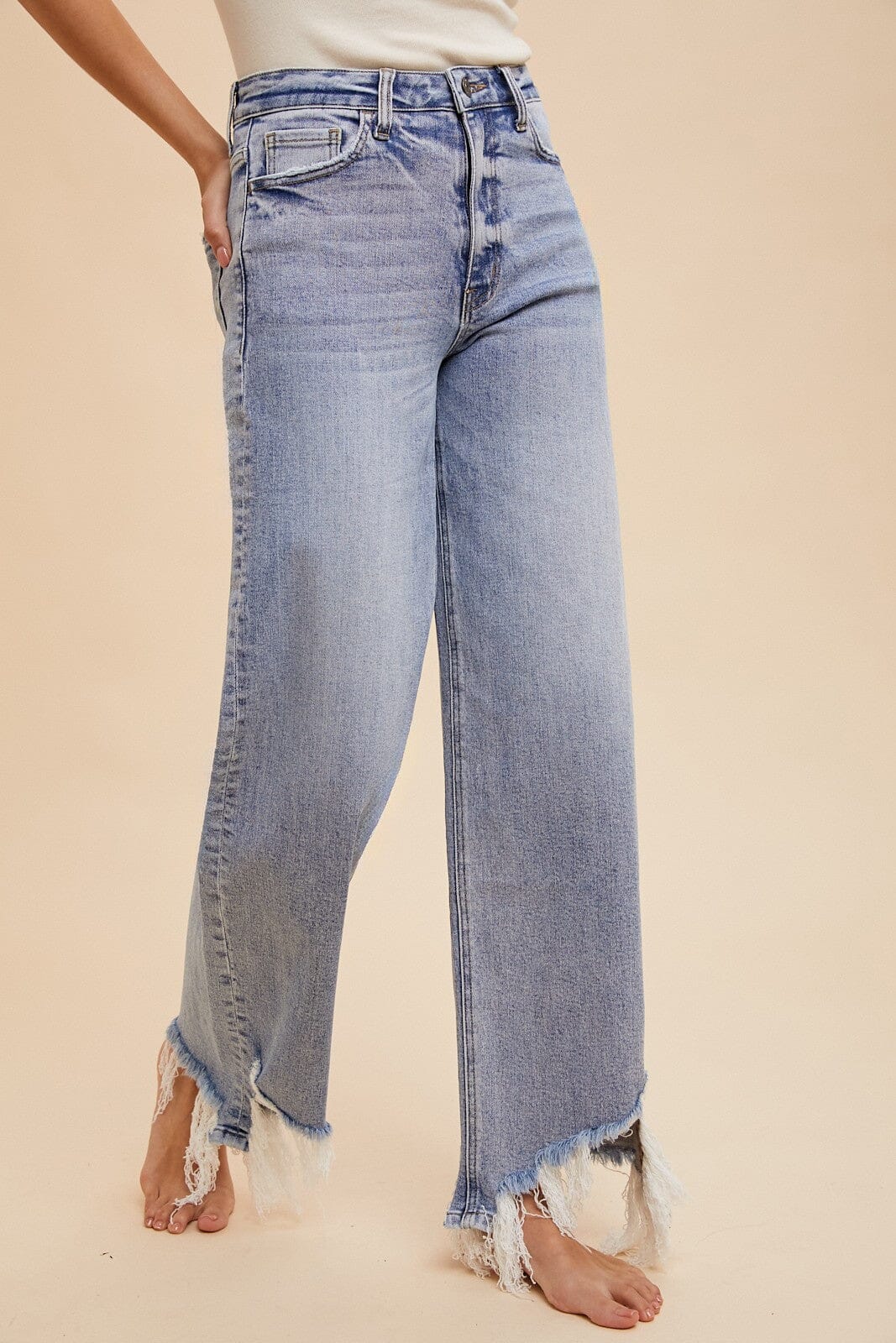 ASYMMETRICAL DISTRESSED HEM STRAIGHT FIT JEANS Annie Wear