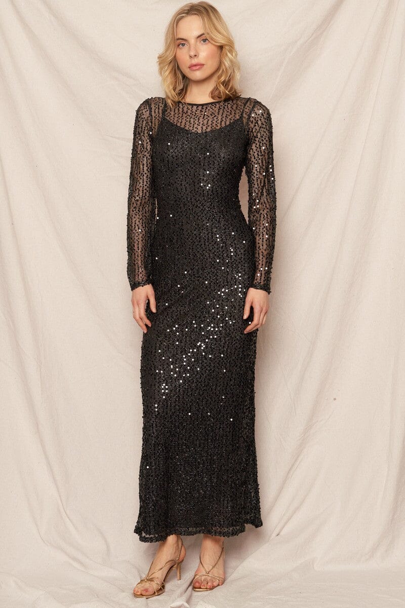 Bell Sleeve Sequin Maxi Dress en creme