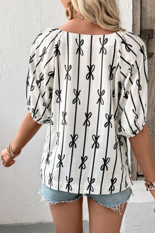Black and White Puff Sleeve Bow Top Asia Direct