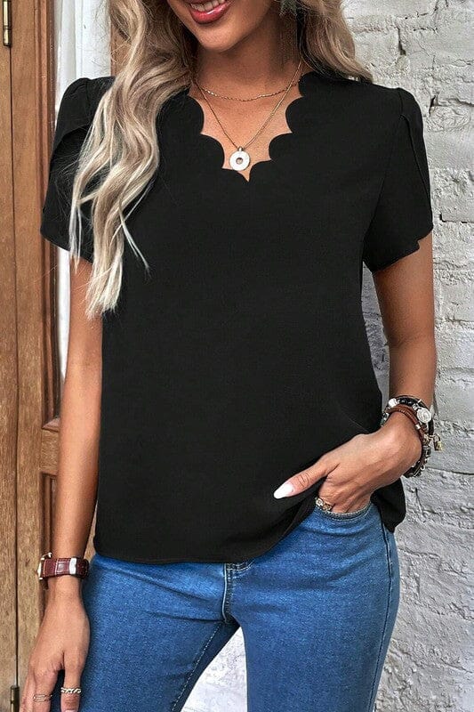 Black Scalloped Neck Top Shewin