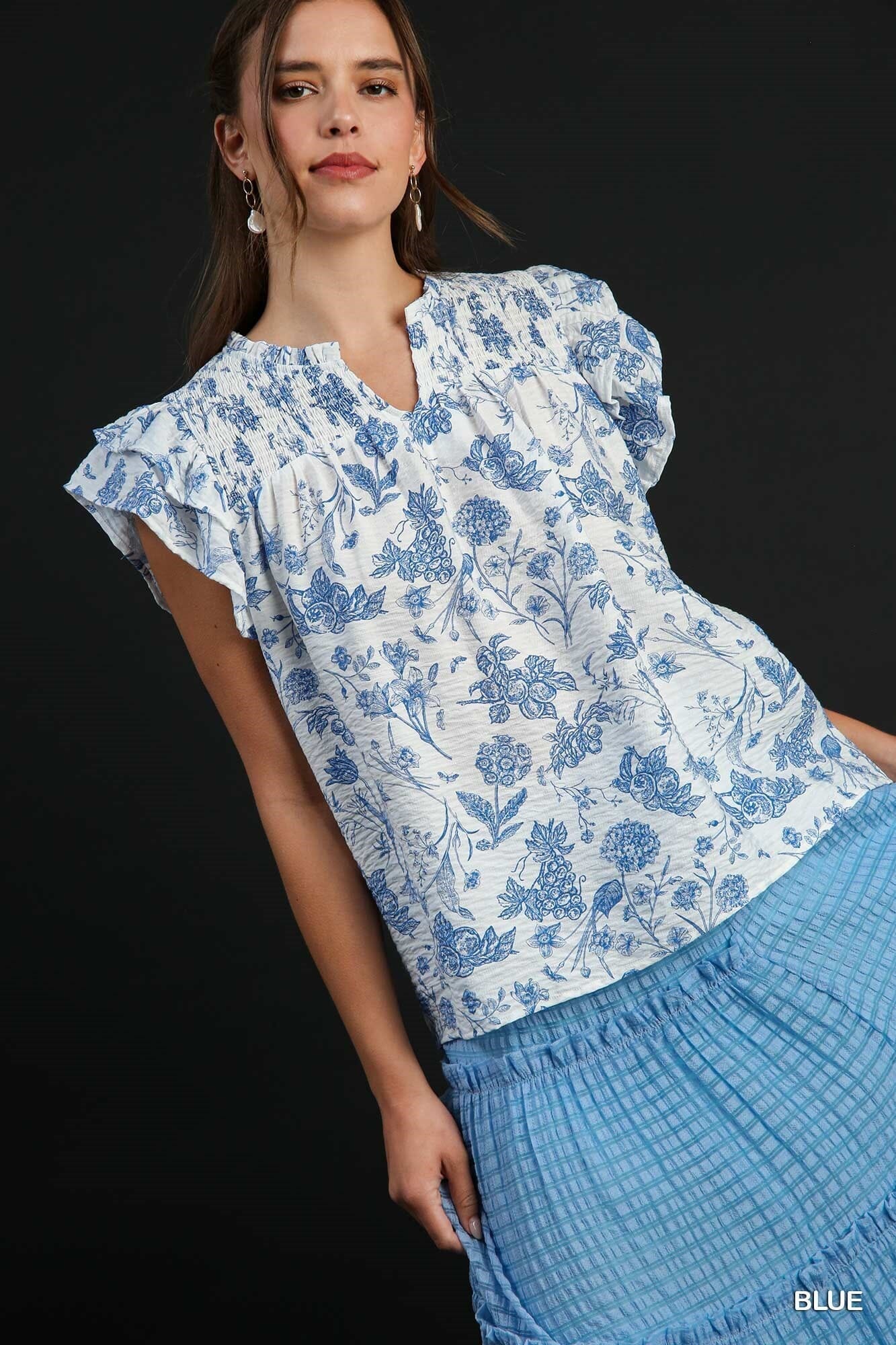 Blue and White Smocked Yoke Flutter Sleeve Top Umgee