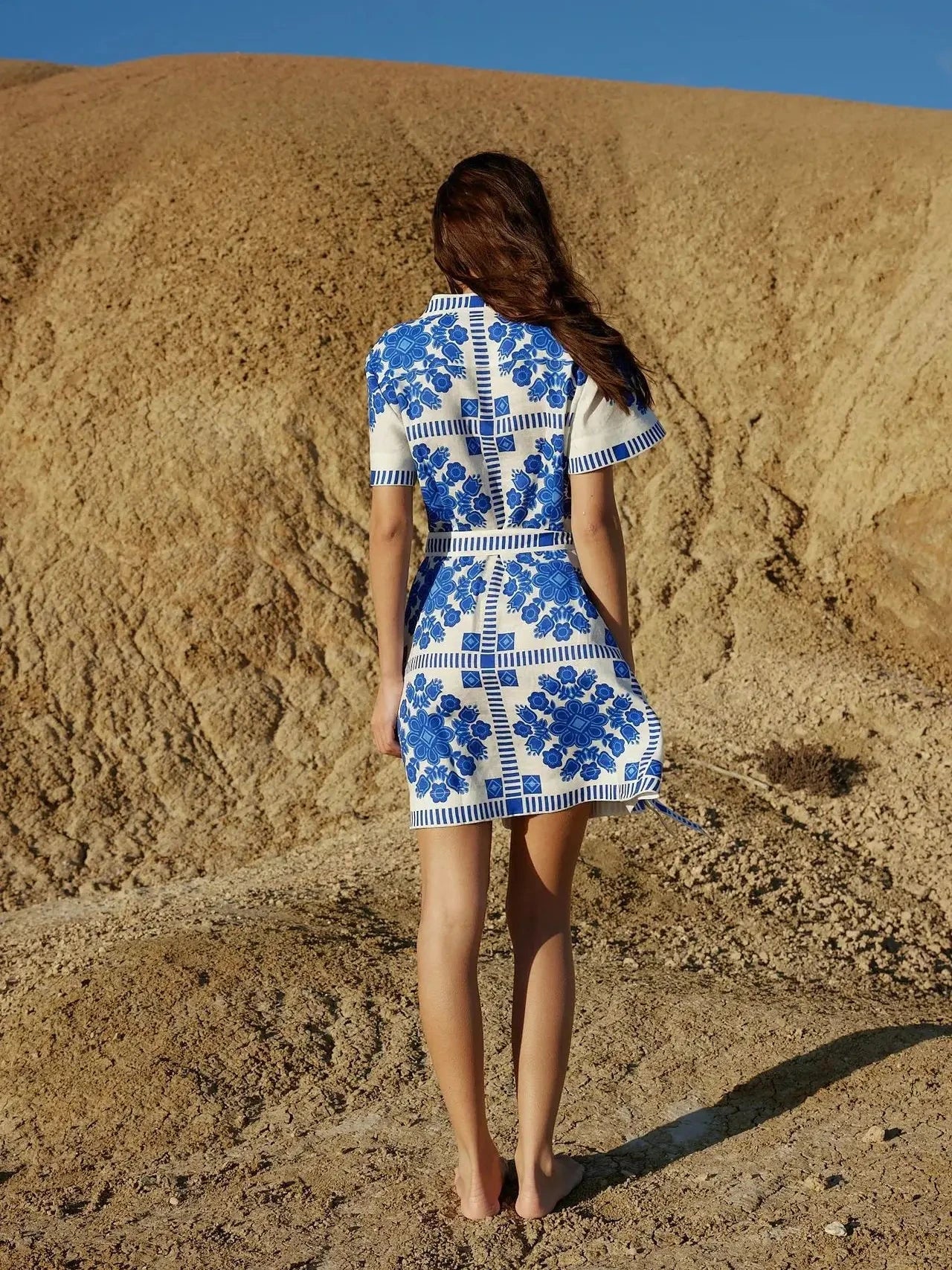 Blue and White Tribal Button Up Dress lily clothing