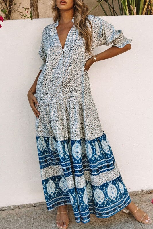 Blue Boho Maxi with Border Print SNAP-Something New And Pretty Blue Boho Maxi with Border Print SNAP-Something New And Pretty