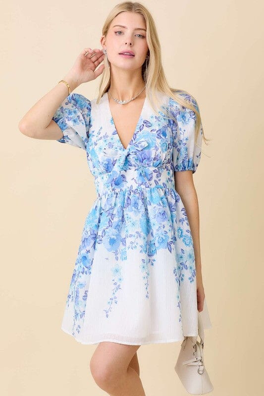 Blue Border Floral Puff Sleeve Dress Main Strip