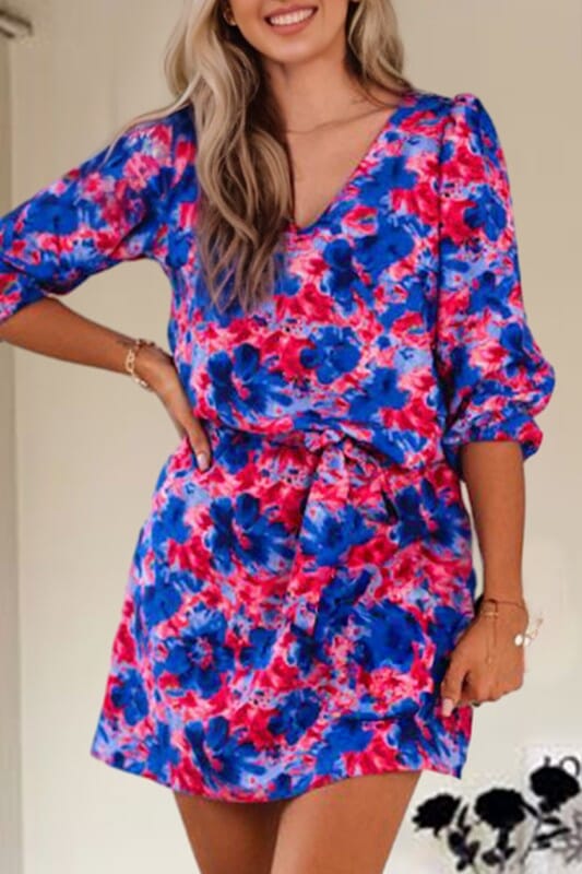 Blue Floral Accentuated Waist Dress Shiying
