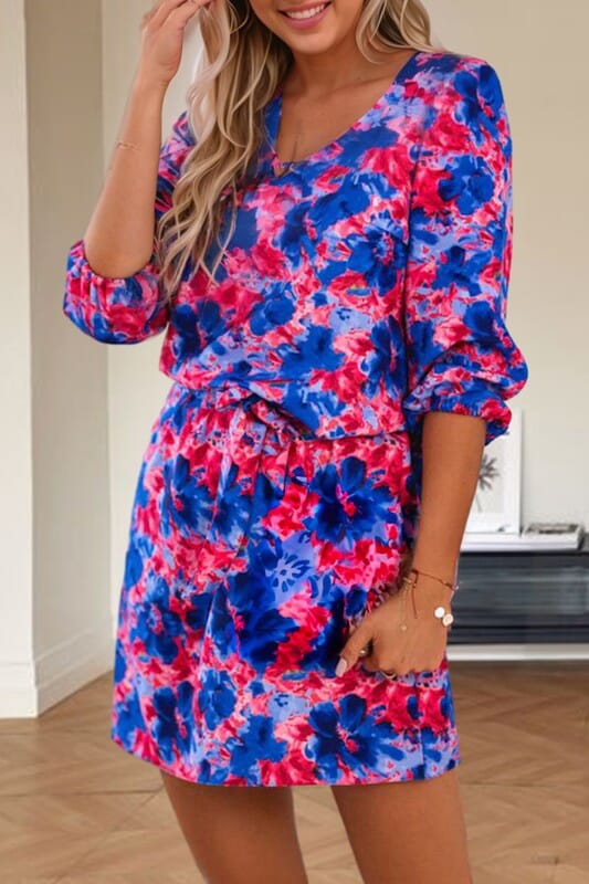 Blue Floral Accentuated Waist Dress Shiying