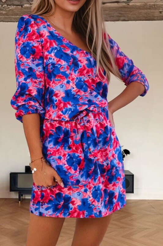 Blue Floral Accentuated Waist Dress Shiying