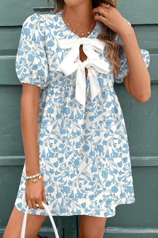 Blue Floral Bow Front Dress Shewin
