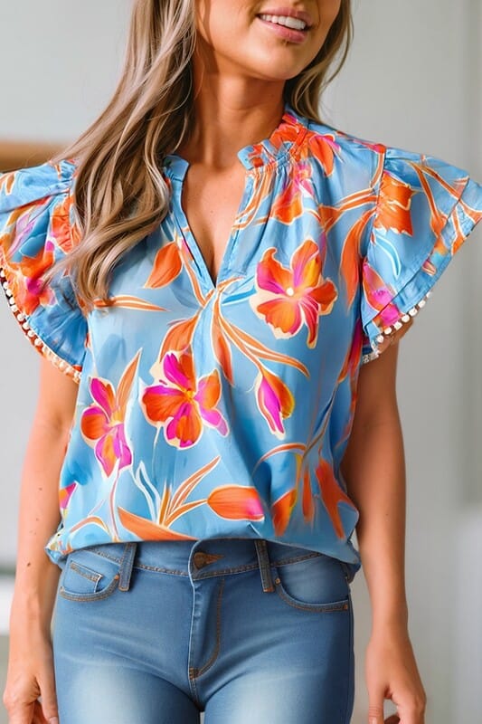 Blue Floral Flutter Sleeve with Pom Pom Trim Shewin