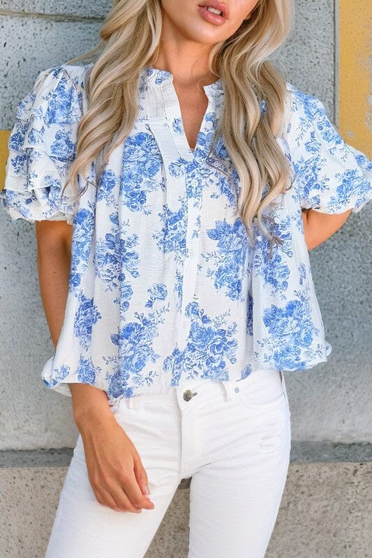Blue Floral Pleated Puff Sleeve Top Shewin