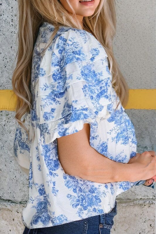 Blue Floral Pleated Puff Sleeve Top Shewin