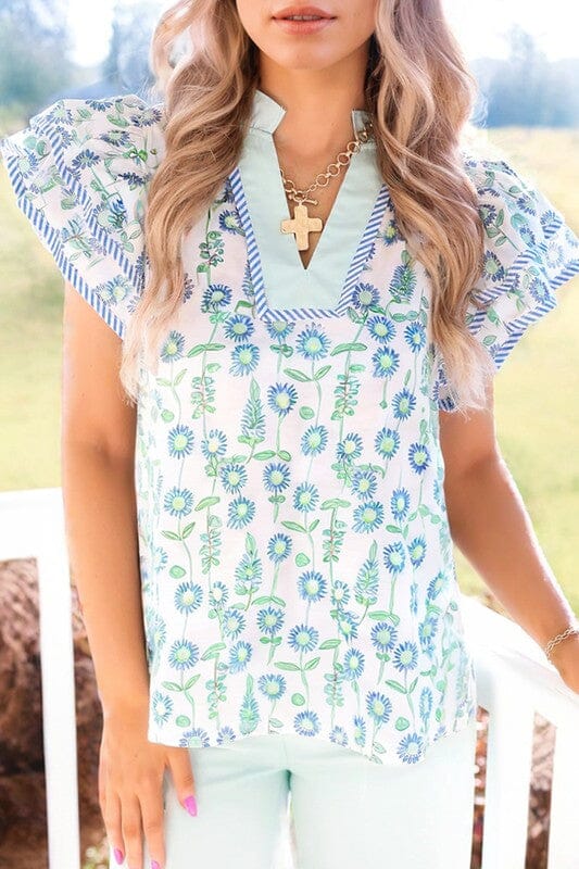 Blue Floral Top with Contrasting Yoke Shewin