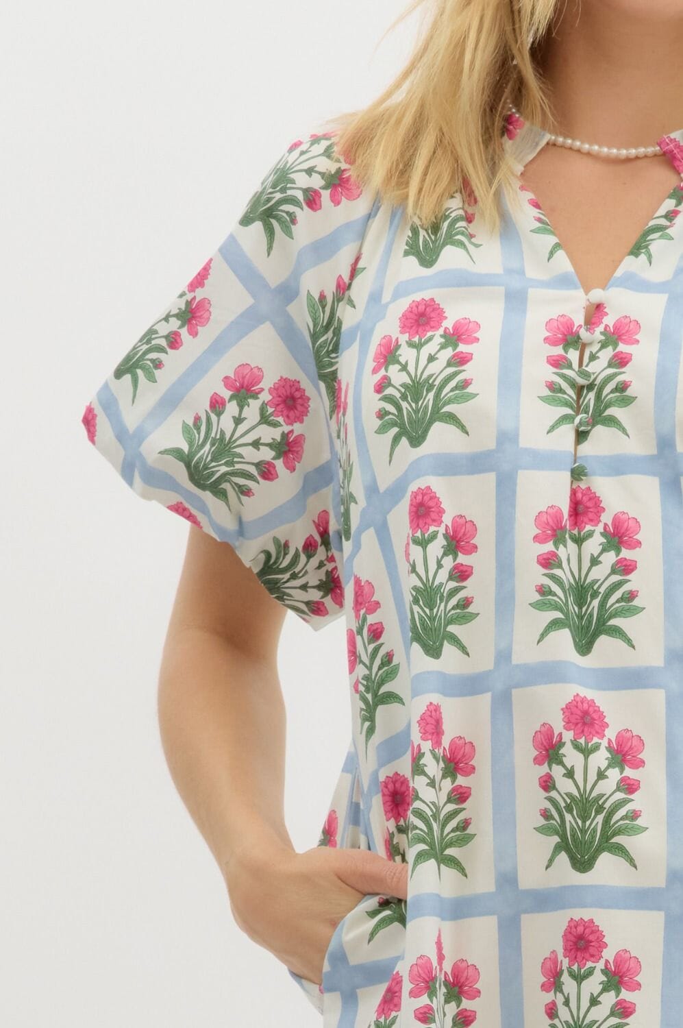 Blue Floral Windowpane Dress Entro