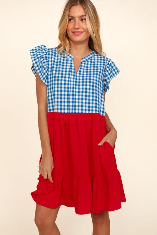 Blue Gingham and Red Colorblock Dress Haptics